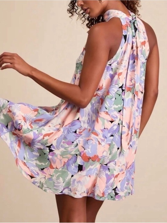 Lulus Dresses & Skirts - Lulu’s “Tied to You” Floral Tie Neck Halter Summer Party Mini Swing Dress Sz L